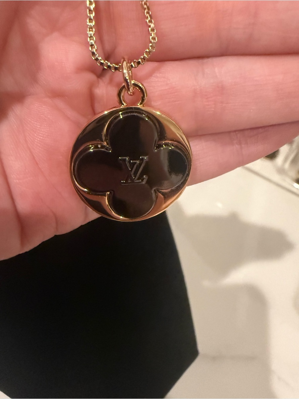 Upcycled Louis Vuitton Gold Pendant Necklace with Black Enamel Monogram